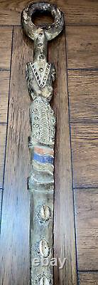Carved African Tribal Walking Stick Cane Loop Handle Sea Shells 37(94cm) Wood