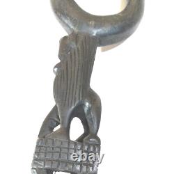 Carved Black Wood Tribal African Walking Stick Cane With Lion and Twist Vintage