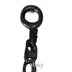 Carved Black Wood Tribal African Walking Stick Cane With Lion and Twist Vintage