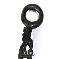 Carved Black Wood Tribal African Walking Stick Cane With Lion and Twist Vintage
