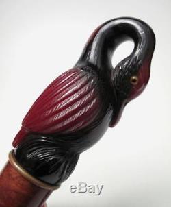 Carved Cherry Amber Bakelite Bird Parasol Umbrella Walking Stick Cane Handle