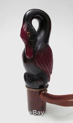 Carved Cherry Amber Bakelite Bird Parasol Umbrella Walking Stick Cane Handle