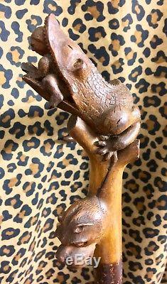 Carved Folk Art Walking Stick Cane Alligator Black Baby In Mouth Black Americana