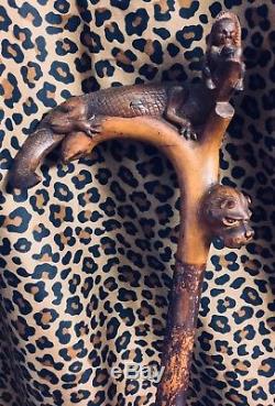 Carved Folk Art Walking Stick Cane Alligator Black Baby In Mouth Black Americana