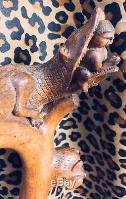 Carved Folk Art Walking Stick Cane Alligator Black Baby In Mouth Black Americana