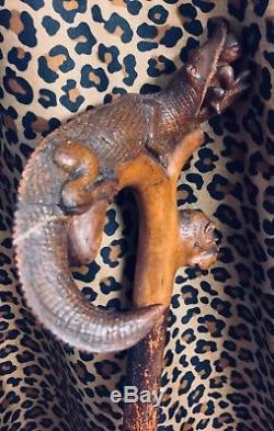 Carved Folk Art Walking Stick Cane Alligator Black Baby In Mouth Black Americana