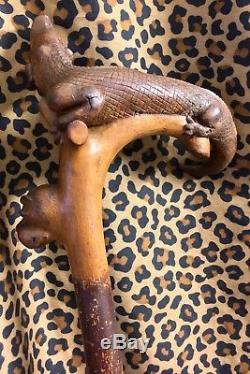 Carved Folk Art Walking Stick Cane Alligator Black Baby In Mouth Black Americana