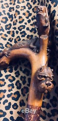 Carved Folk Art Walking Stick Cane Alligator Black Baby In Mouth Black Americana