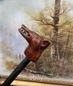 Carved Fox Head Antique Walking Stick Cane Folk Art Handmade