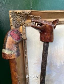 Carved Fox Head Antique Walking Stick Cane Folk Art Handmade