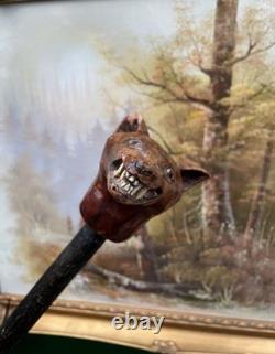Carved Fox Head Antique Walking Stick Cane Folk Art Handmade