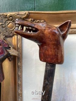 Carved Fox Head Antique Walking Stick Cane Folk Art Handmade