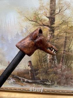Carved Fox Head Antique Walking Stick Cane Folk Art Handmade
