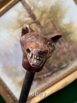 Carved Fox Head Antique Walking Stick Cane Folk Art Handmade