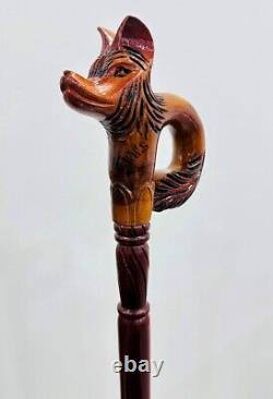 Carved Fox Walking Stick Foxy Head Handmade Wooden Cane for Gift
