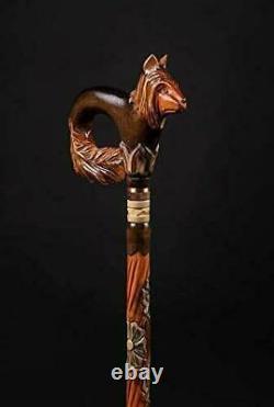 Carved Fox Walking Stick Foxy Head Handmade Wooden Cane for Gift