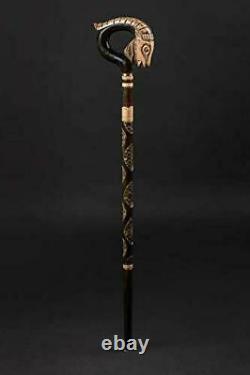 Carved Goat Wooden Cane African Theme Hand Carved Walking Stick Horn