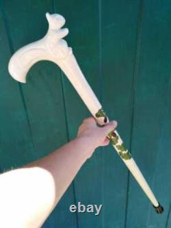 Carved Hand Painted White Stick Cat Walking Stick Cane Wooden Cane Gift