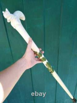 Carved Hand Painted White Stick Cat Walking Stick Cane Wooden Cane Gift