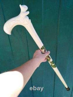 Carved Hand Painted White Stick Cat Walking Stick Cane Wooden Walking Cane Hand