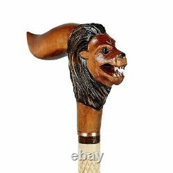 Carved Lion Walking Stick Supreme Handmade Wooden Cane for Gift