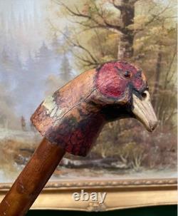Carved Pheasant Head Antique Walking Stick Cane Handmade