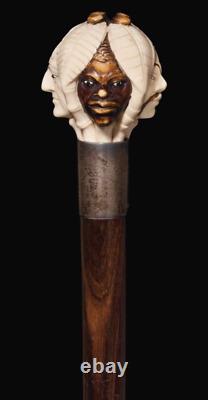 Carved STAINED CONTINENTAL Wood working Handle Walking Stick