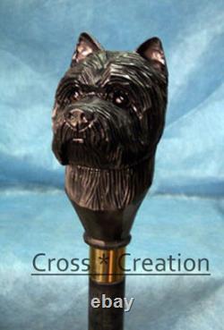 Carved Terrier Dog Head Handle Style Wooden Walking Stick Cane Cairn gift