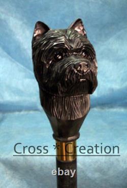 Carved Terrier Dog Head Handle Style Wooden Walking Stick Cane Cairn gift