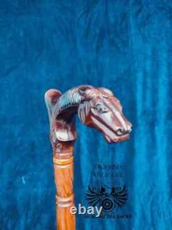 Carved Walking Stick Horse with Saddle Cane handmade wood crafted