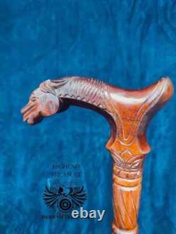 Carved Walking Stick Horse with Saddle Cane handmade wood crafted