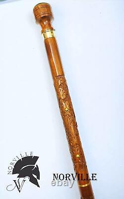 Carved Walking Stick With Wooden Handle Small Size Walking Cane For Morning Walk