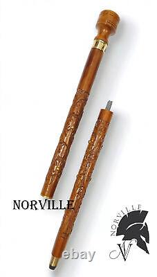 Carved Walking Stick With Wooden Handle Small Size Walking Cane For Morning Walk