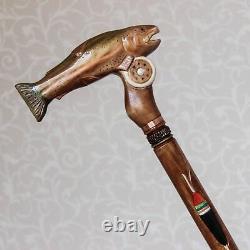Carved Walking stick cane Fish Rainbow trout Wood Handmade Wooden Staff Fishing