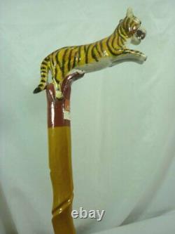 Carved Wood Handcrafted Tiger Cane Walking Stick 21E010