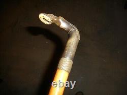 Carved antique walking stick / cane, braided silver band equine / horse theme