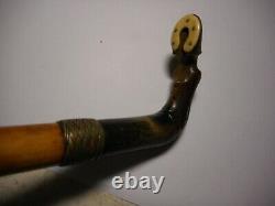 Carved antique walking stick / cane, braided silver band equine / horse theme