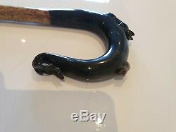 Carved shepherds crook/market stick/beaters/ in buffalo horn Cat Chasing Mouse