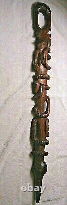 Carved wood African Tribal stacking Face Walking Stick Cane loop handle folk art