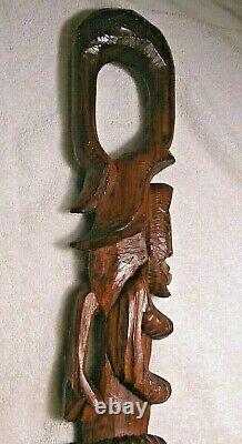 Carved wood African Tribal stacking Face Walking Stick Cane loop handle folk art