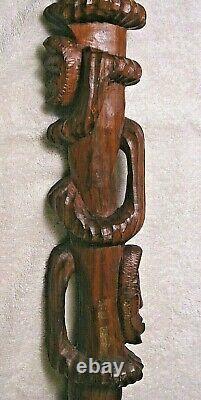 Carved wood African Tribal stacking Face Walking Stick Cane loop handle folk art