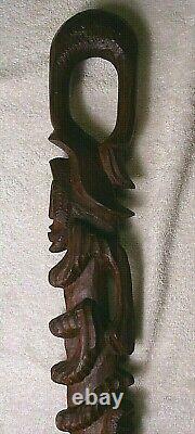 Carved wood African Tribal stacking Face Walking Stick Cane loop handle folk art