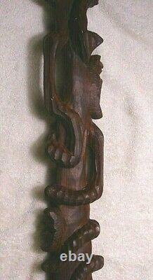 Carved wood African Tribal stacking Face Walking Stick Cane loop handle folk art