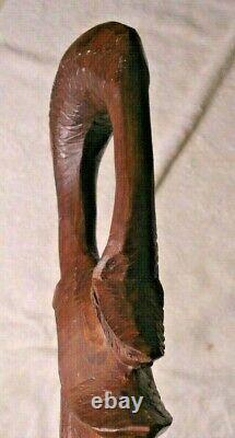 Carved wood African Tribal stacking Face Walking Stick Cane loop handle folk art