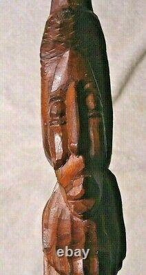 Carved wood African Tribal stacking Face Walking Stick Cane loop handle folk art