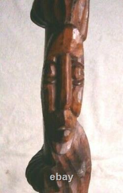 Carved wood African Tribal stacking Face Walking Stick Cane loop handle folk art