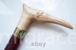 Carving Unique Art Brown Wooden HERON Walking STICK Wood CANE Handmade Wood