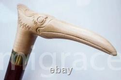 Carving Unique Art Brown Wooden HERON Walking STICK Wood CANE Handmade Wood