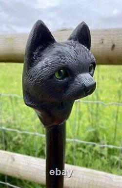 Cat Head Hand Carved in Lime Wood Country Walking stick on Hazel Shank