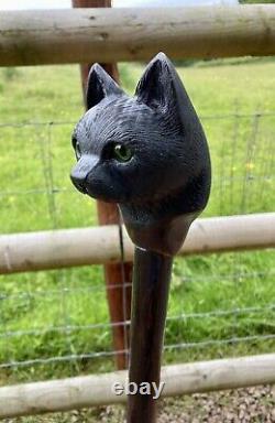 Cat Head Hand Carved in Lime Wood Country Walking stick on Hazel Shank